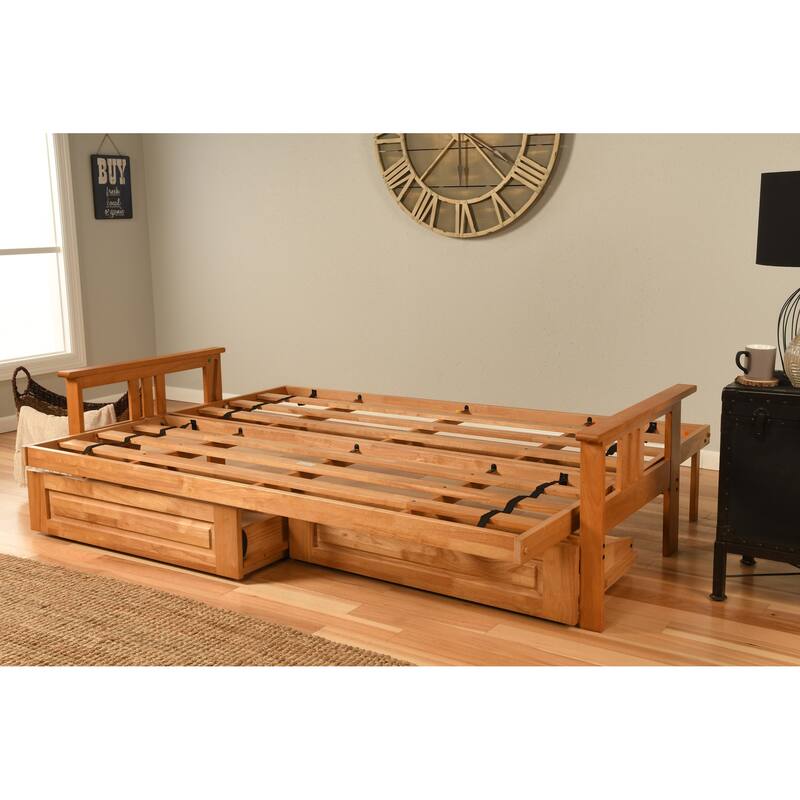 Somette Monterey Queen-size Storage Futon Set in Butternut Finish with Linen Mattress