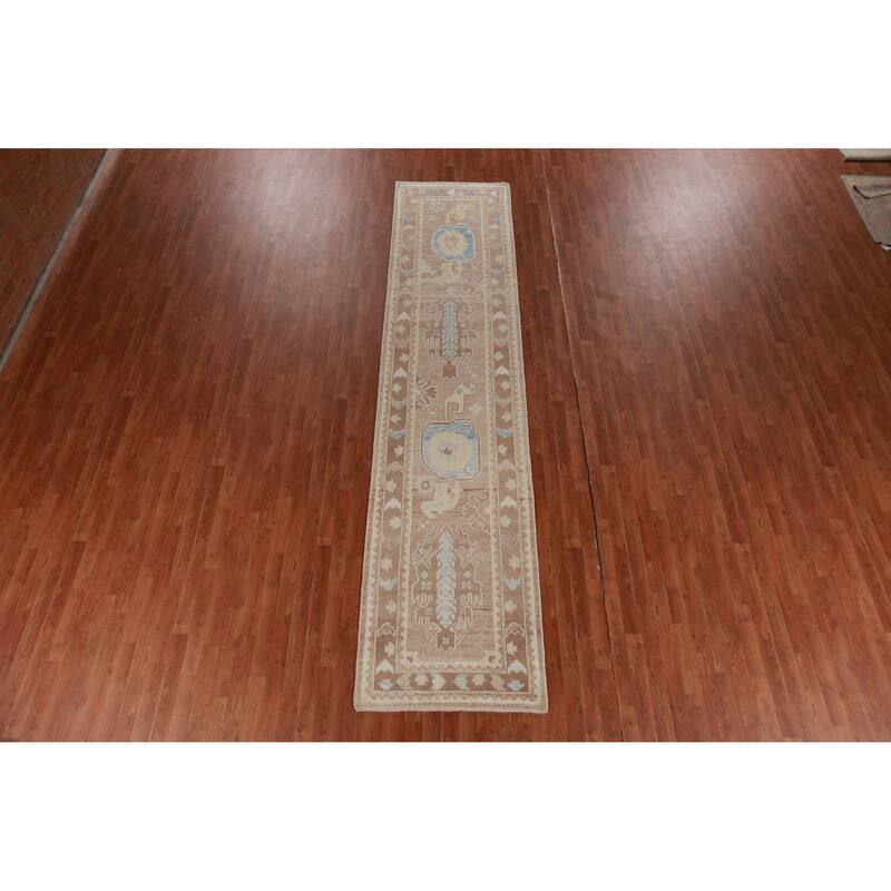 Hand Knotted Oriental 100% Wool Carpet Transitional Geometric Brown Oushak Runner Rug - 13' 6'' X 3' 0''