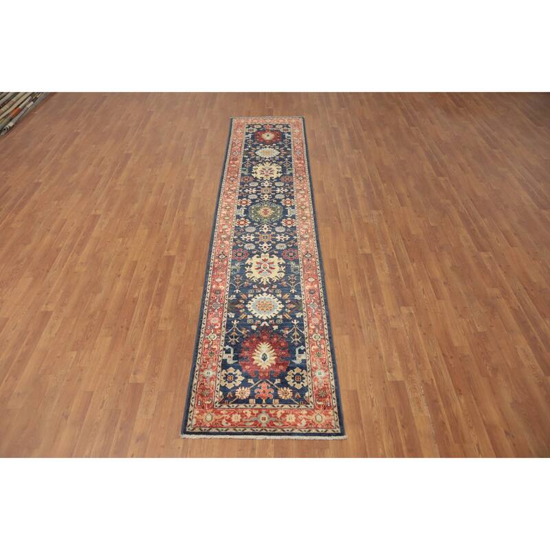 Hand Knotted Oriental 100% Wool Carpet Traditional All-Over Navy Blue & Blues Ziegler Runner Rug - 11' 6'' X 2' 6''