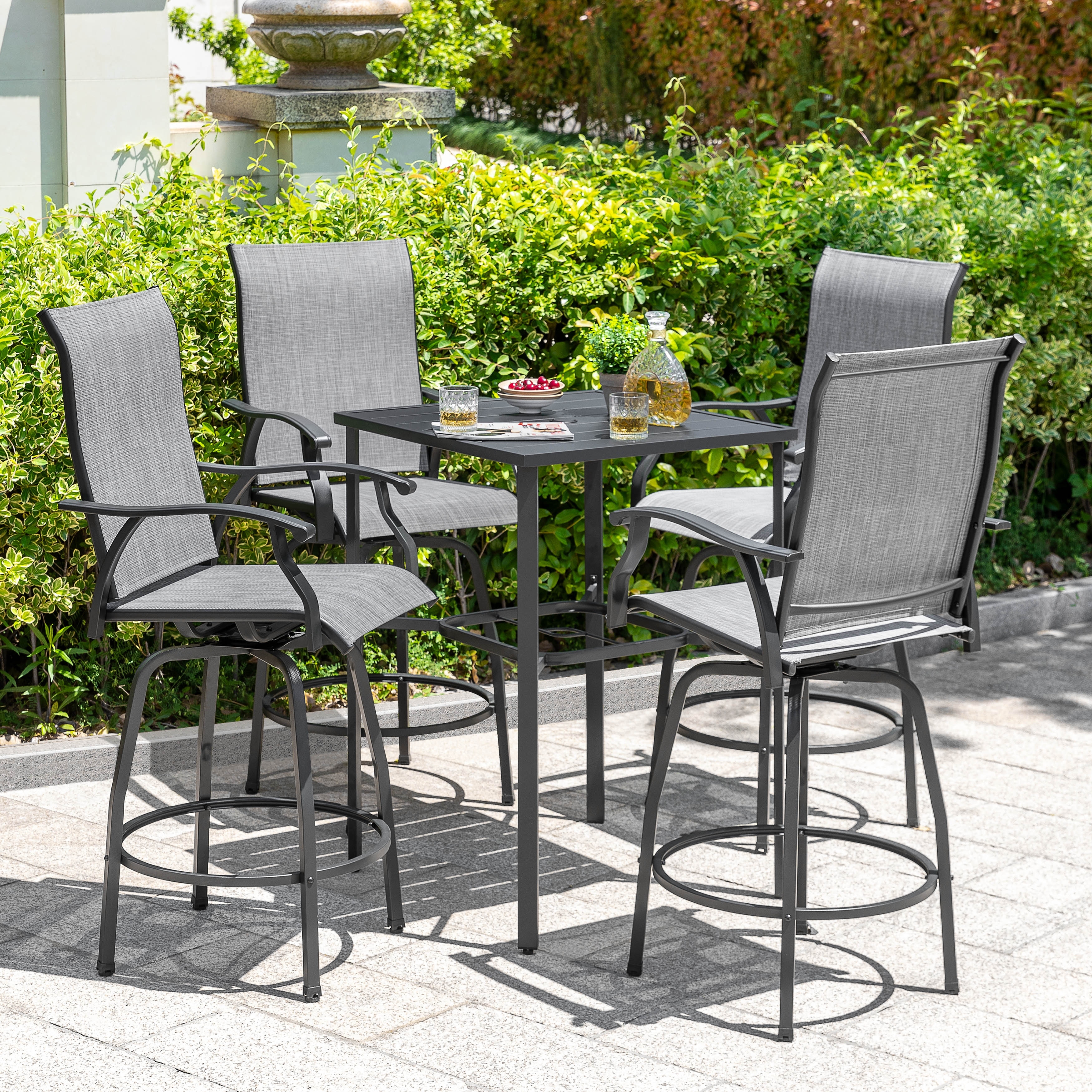 Nuu Garden Metal and Textilene Outdoor Patio Bar Set with Swivel Bar Stools