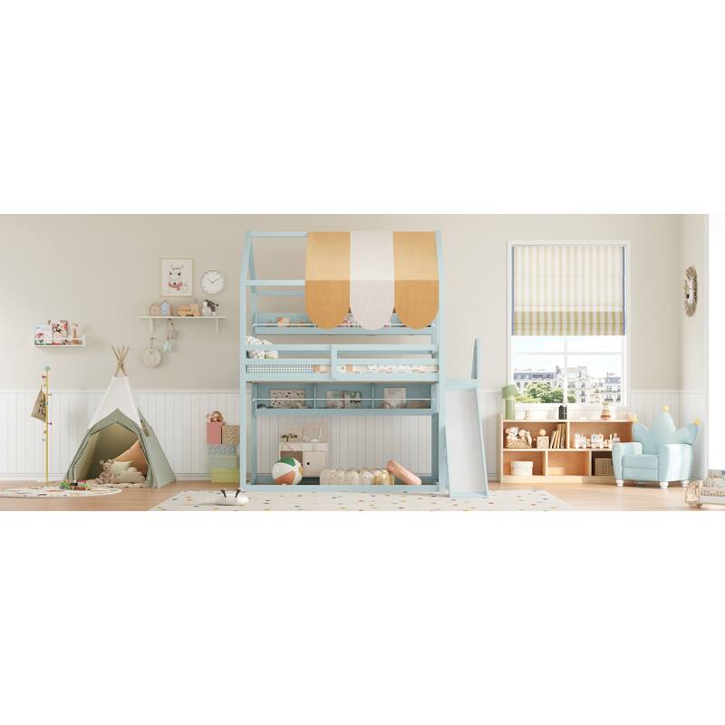 Roomfitters Full Size House Loft Bed with Canopy, Slide and Bookshelves