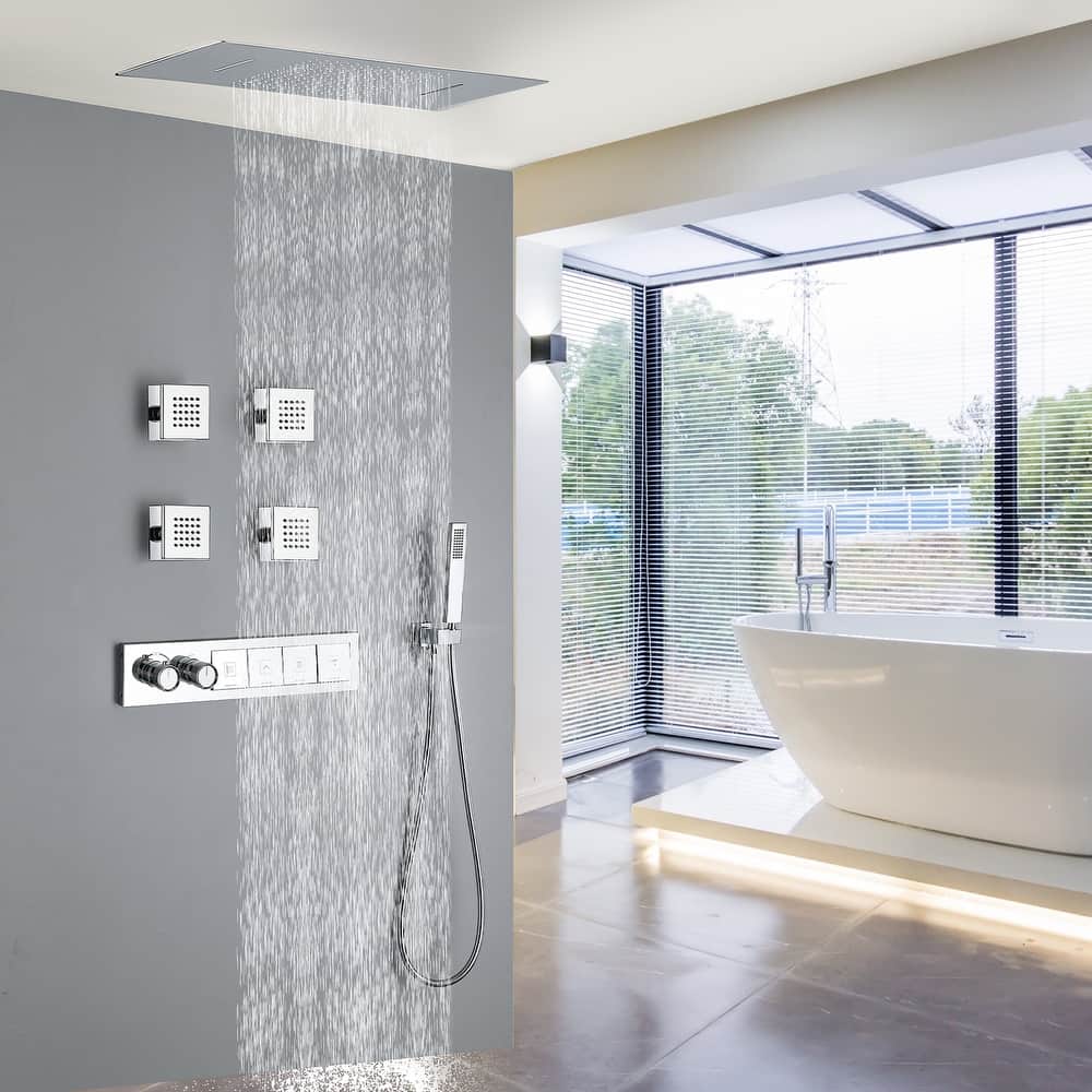 Modland NSF Certified Rainfall Waterfall Shower System - 1.59 GPM, 4 Massage Jets, Thermostatic, Matte Black/Gold