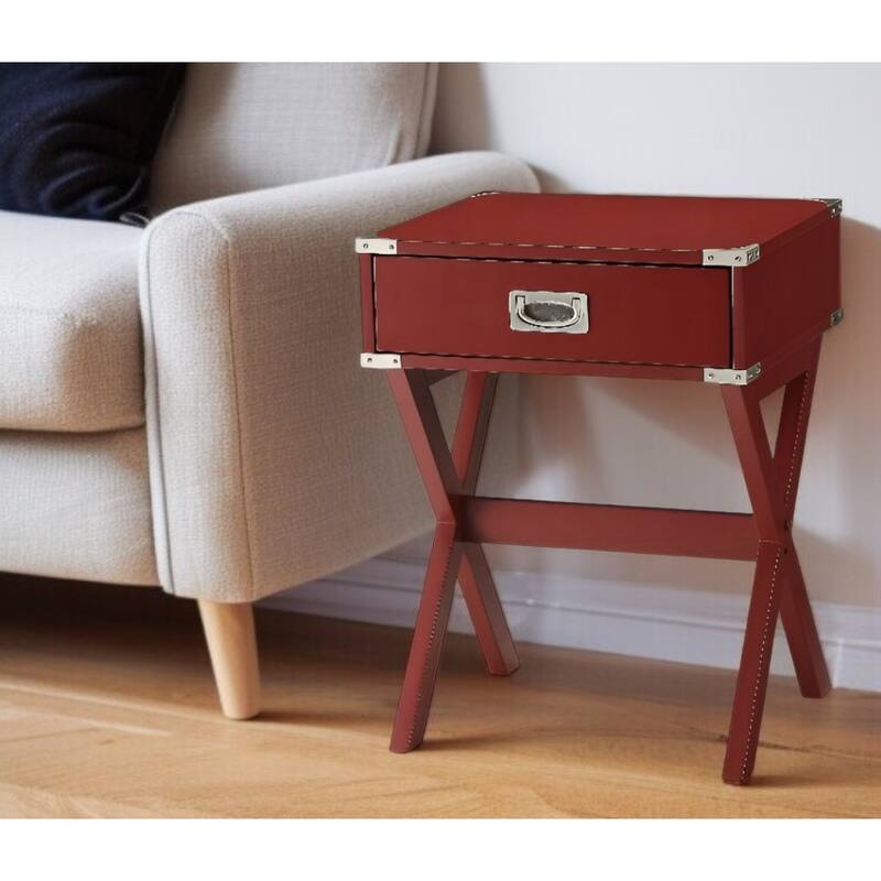 HomeRoots 24" Red Wood Cross Legs End Table With Drawer - 18" W x 16" D x 24" H