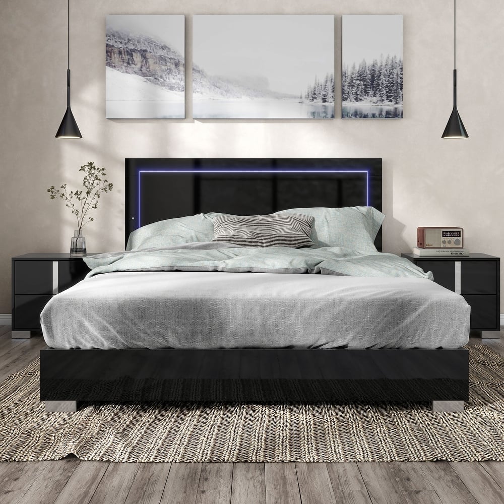 Furniture of America Erina Modern Glossy Panel Bed with LED Light Headboard