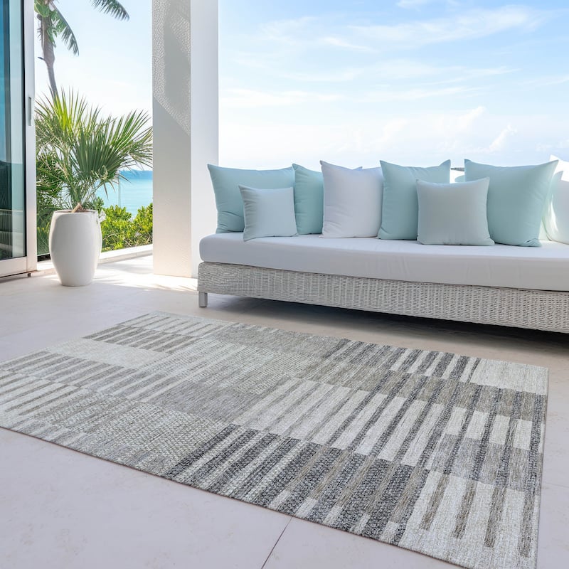 Machine Washable Indoor/ Outdoor Modern Stripes Chantille Rug - Beige - 5' x 7'6"