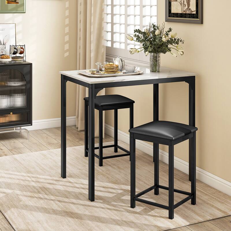 Gymax 3 PCS Counter Height Dining Set Faux Marble Table & 2 Chairs