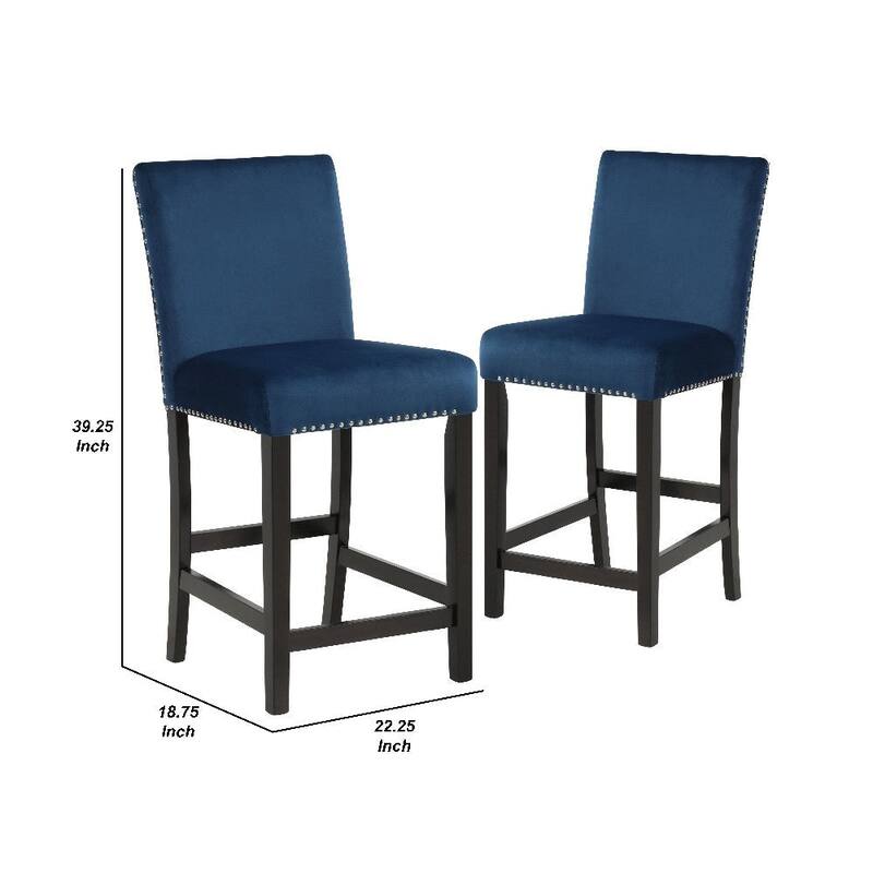 40 Inch Set of 2 Wooden Counter Height Chair with Velvet Seat and Nail-Head Trim Details - 18.75” L x 22.25” W x 39.5” H