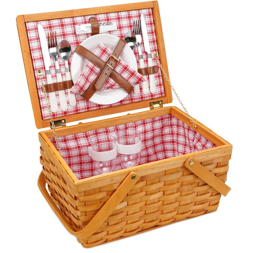 Picnic Basket Set for 2 Persons, Woven Woodchip Basket with Folding Handles & Lid, Red and White Gingham Lining Basket