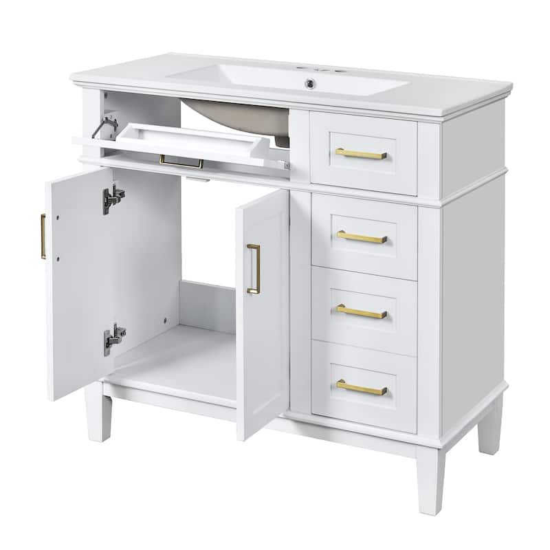 Roomfitters 36" Modern Bathroom Vanity with Ceramic Sink, Soft Close Doors, 4 Drawers for Storage, Elegant Design
