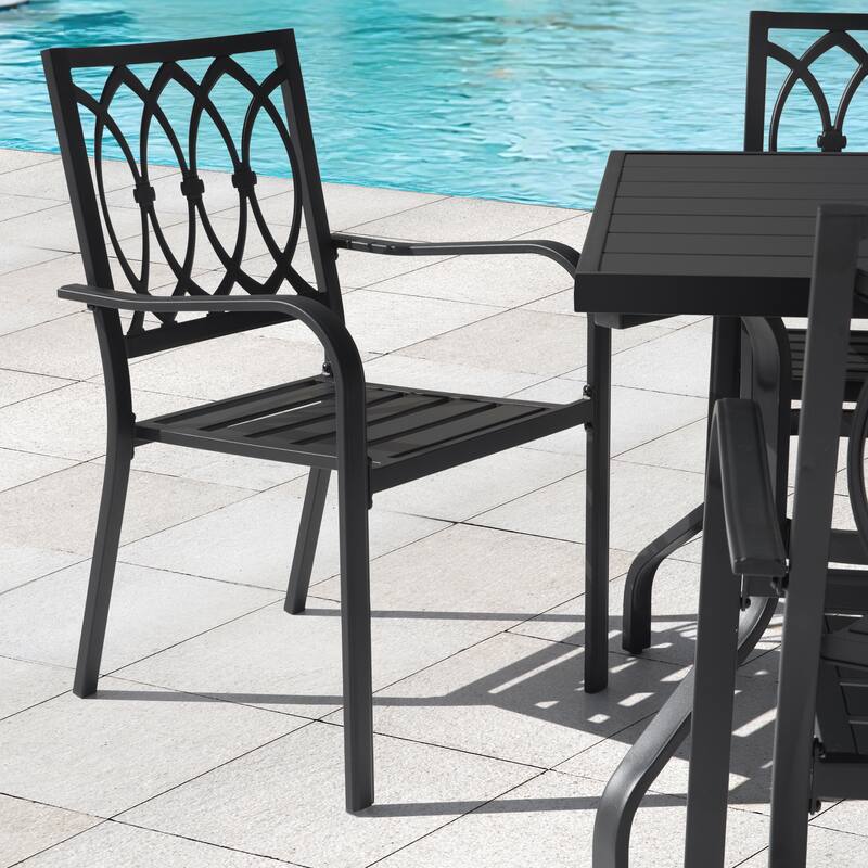 Metal Outdoor Dining Set with Umbrella Hole and Stackable Chairs