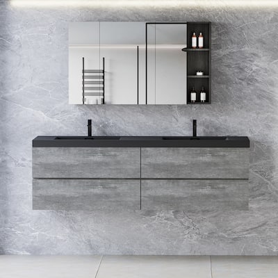 24/30/36/42/48/60/72 Inch MDF Wall-Mounted Bathroom Vanity Set in Grey with Black Integrated Solid Surface Sink With Drain