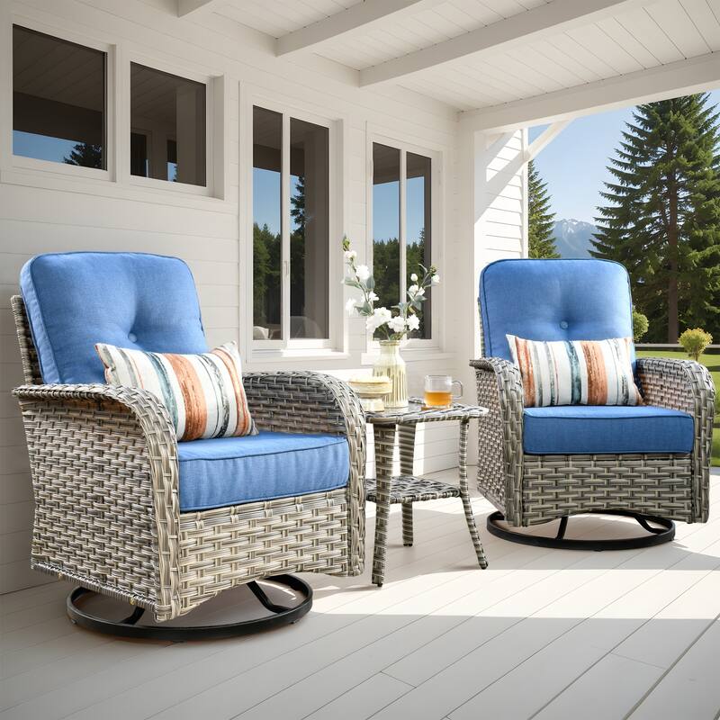 OVIOS 10 Pieces Outdoor Wicker Swivel Chair Set With Solar-Powered Coffee Table