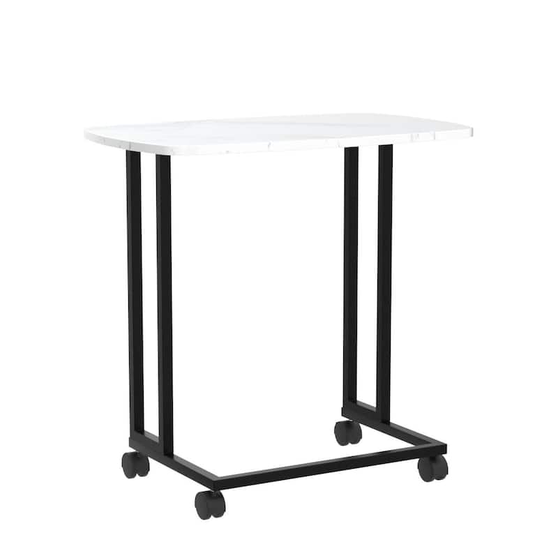 C Shaped End Table TV Trays with Detachable Wheels, White Marble