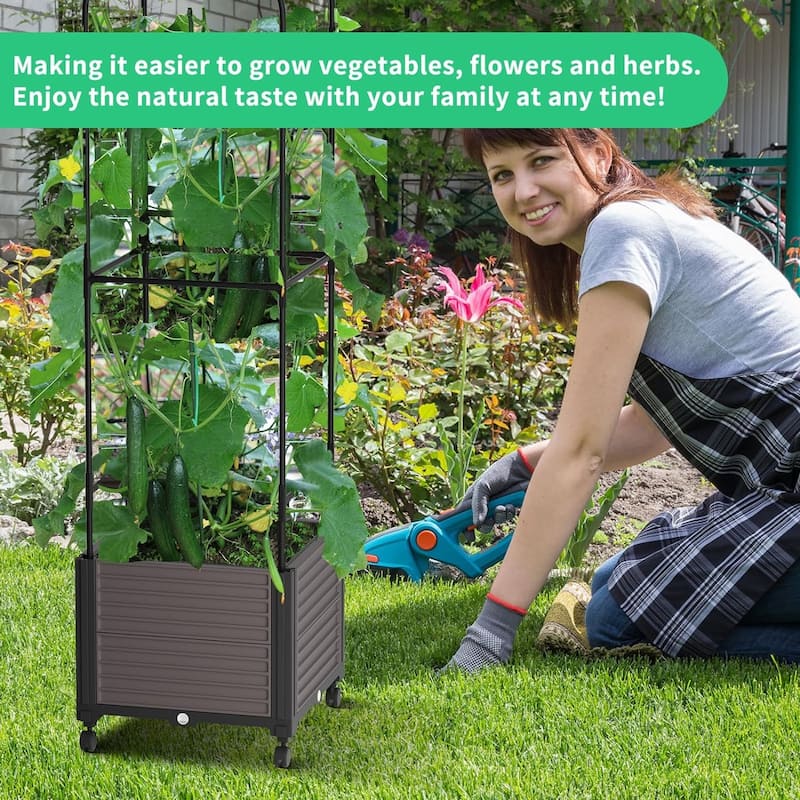 DoCred Raised Garden Bed Planter Box with Wheels and Tall Trellis