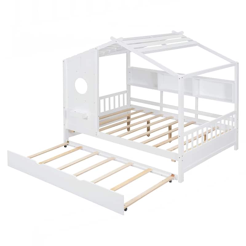 Wooden Full Size House Bed With Trundle, Modern Design for Kids with Storage Shlef