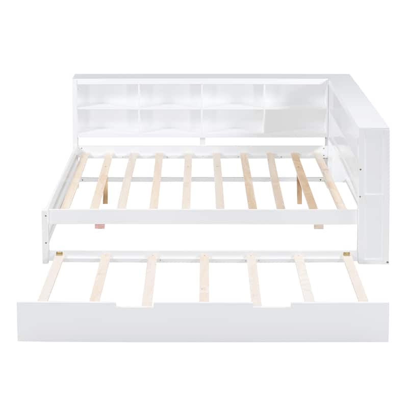 Wooden Full Size DayBed with Twin Size Trundle USB Charging Ports and Storage Shelf, White