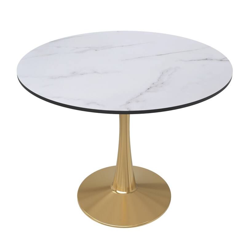 LeisureMod Bristol 35" Round Dining Table for 4 with MDF Tabletop in Gold Steel Base for Kitchen & Dining Room