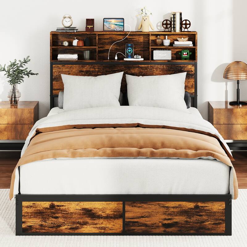 Metal Platform Bed Frame with Headboard Storage and USB Charging Ports