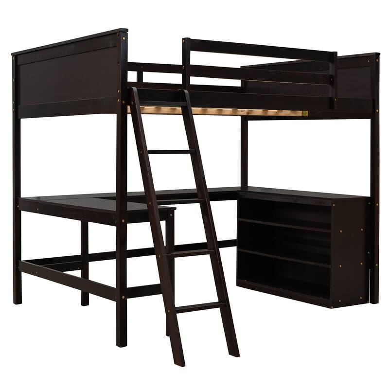 Full Pine Loft Bed with Desk, Shelves, and Guardrails