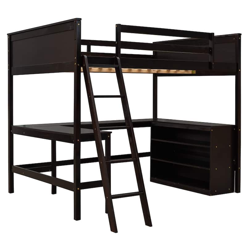 Loft Bed with Shelves and Desk, Wooden Loft Bed with Desk