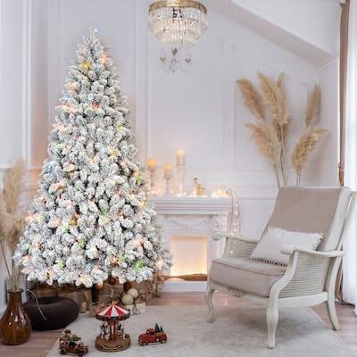 6FT Flocked Christmas Tree with 350 Colorful UL Lights and 36 Natural Pine Cones-888 Snowy PVC Tips,Hinged Branches