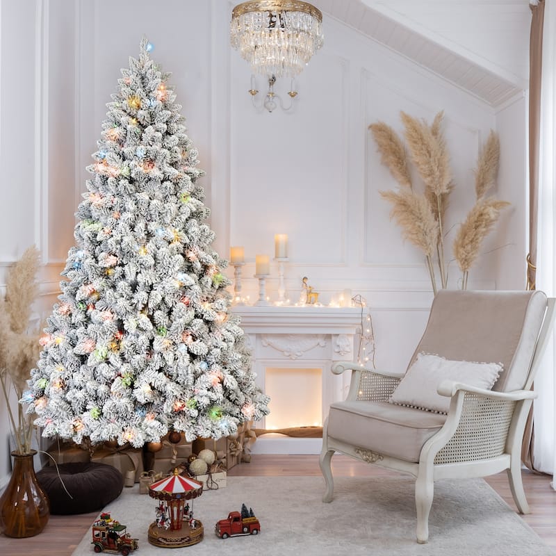 Pre-Lit Flocked Christmas Tree - Colorful UL Lights, Pine Cones, Snowy PVC Tips, Hinged Branches, Metal Stand - Green,White