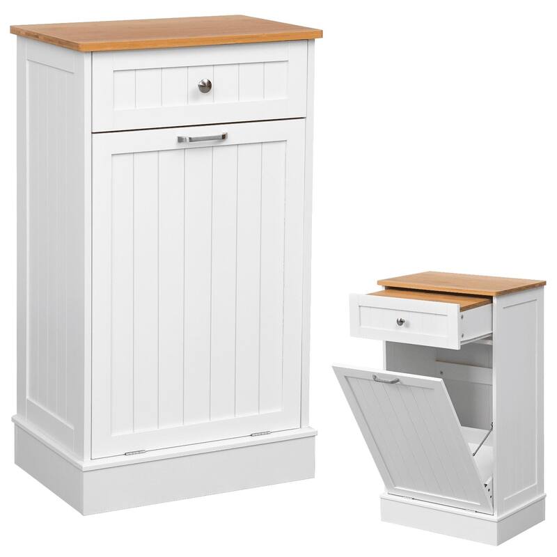 Erommy Tilt Out Trash Cabinet, Wooden Kitchen Trash Can Free Standing Waste Bin, Recycling Hideaway Garbage Can Holder