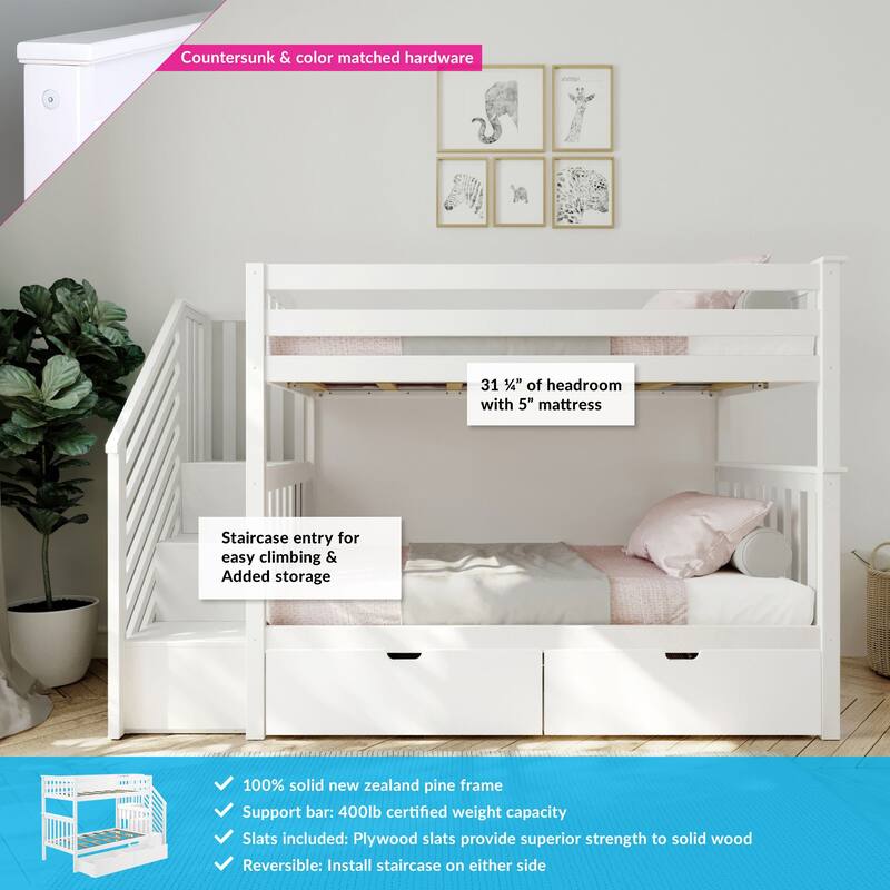 Max and Lily Twin over Twin Staircase Bunk Bed with Storage Drawers