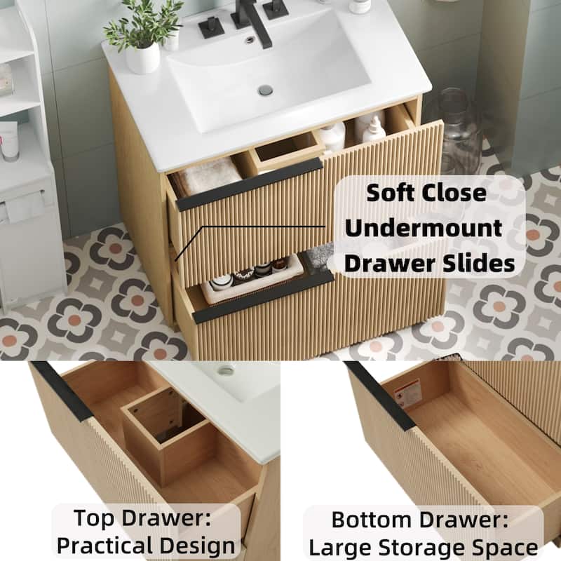 30" Bathroom Vanity with Ceramic Sink, Full-Extension Drawers, Soft-Close Undermount Slides, Fluted Design