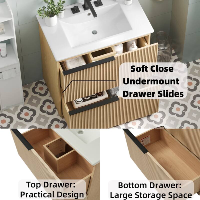 30" Bathroom Vanity with Ceramic Sink and Full-Extension Drawers, Soft Close Undermount Drawer Slides, Fluted Design, Natural