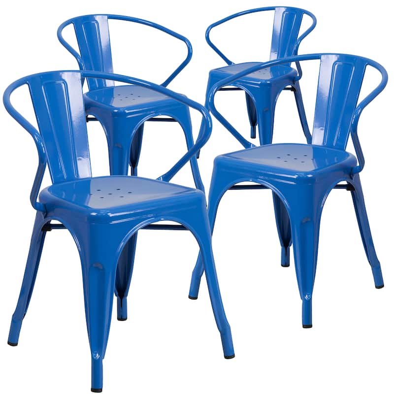 4 Pack Metal Indoor-Outdoor Chair with Arms - Blue
