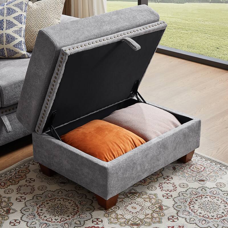 109" Modern 4 Seaters Towelling Sectional Sofa with Hidden Coffee Table Adjustable Headrest and Large Storage Space