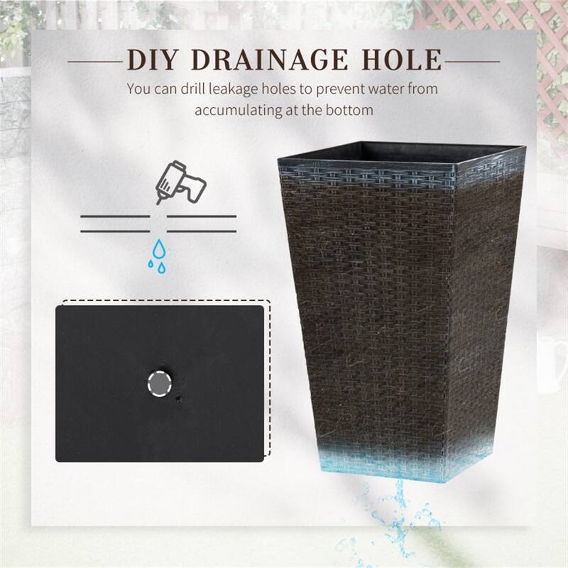 3-Piece Garden Pot Set with Drainage Hole and Rattan Design - 14.25" L x 14.25" W x 24" H