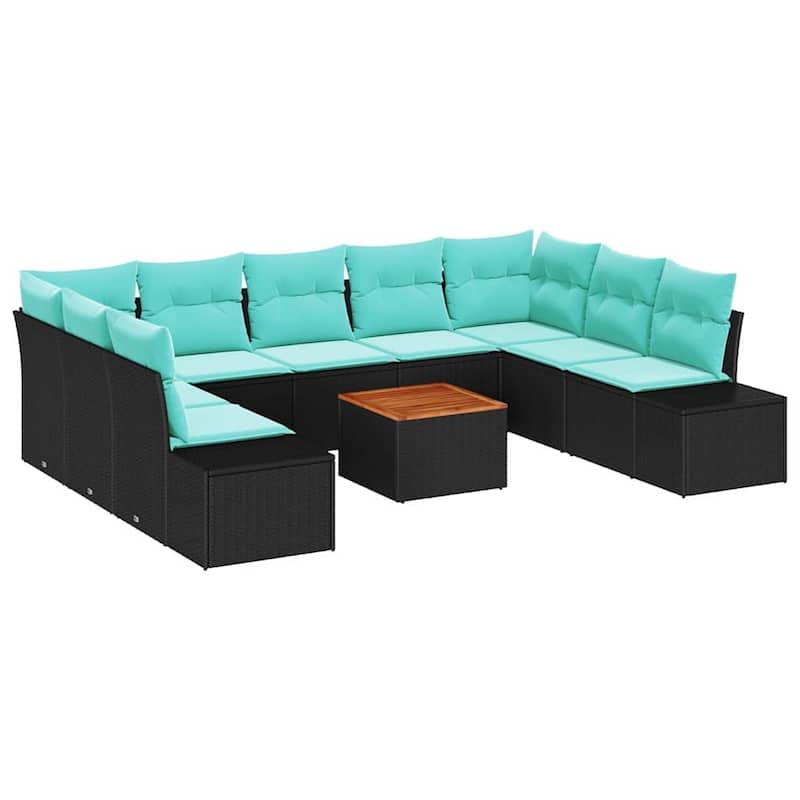vidaXL 10 Piece Garden Sofa Set with Cushions Black Poly Rattan Acacia - 113.8×82.3×27.2