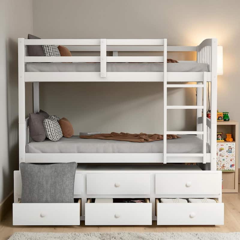 Twin Over Twin Bunk Bed with Trundle and 3 Drawers, Wooden Bunk Bed with Ladder and Safety Rails, Space Saving