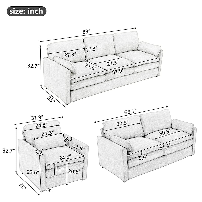 3-Pieces Chenille 6-Seat Sectional Sofa Set with Oversized Cloud Couch and Double Cushions