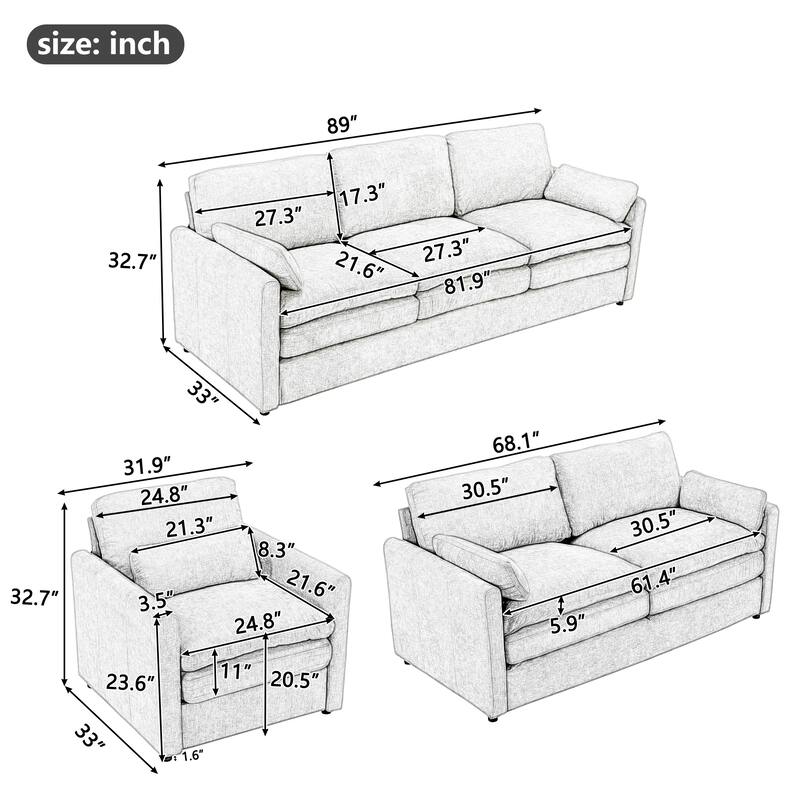 Roomfitters Cozy Cloud Upholstered Sofa Set with Armchair, Loveseat and 3-Seater, Chenille Fabric
