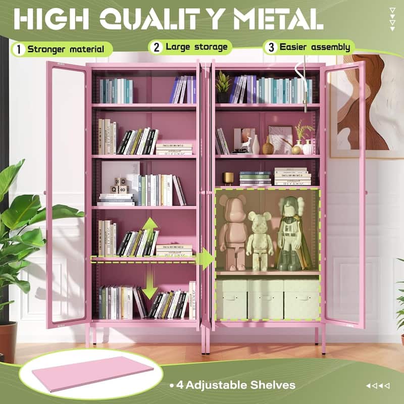 67'' Pantry Storage Cabinet Glass Display Sideboard Buffet Cabinet Curio Bookcase with Glass Doors and 4 Adjustable Shelves