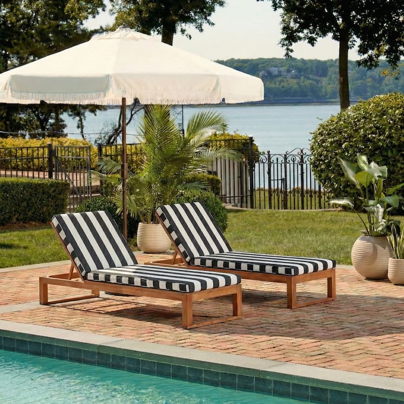 SAFAVIEH Outdoor Kaliyah Solid Wood Chaise Lounge Chair - 25Wx81Dx37H - Natural/Navy