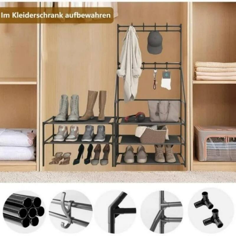 5-Tier Narrow Shoe Rack with 8 Hooks, Organizer for Shoes, Coats