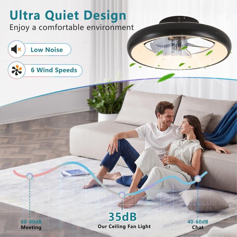 20" Black Smart LED Ceiling Fan – Dimmable & Adjustable Color Temperature, Silent 6-Speed Reversible DC Motor.