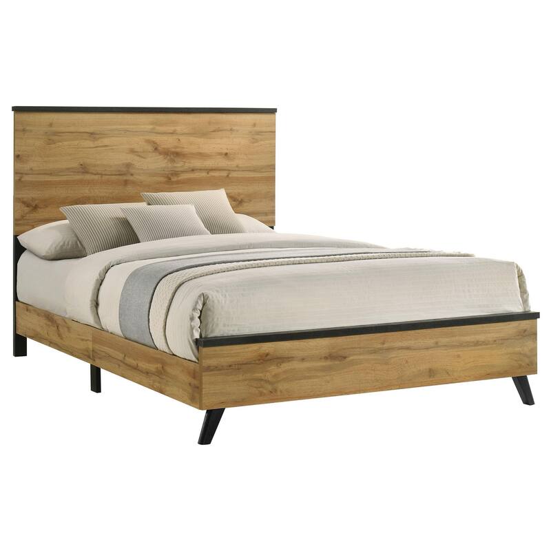 Wemy Full Size Bed, Tall Panel Headboard, Natural Brown Pine Finish