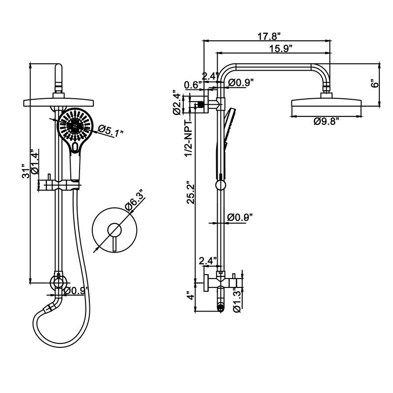 Rbrohant Bathroom Rainfall Shower System with 3-Setting Handheld Shower