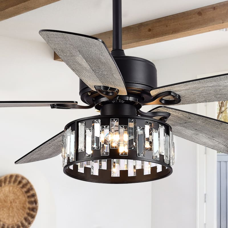 52 in. Indoor Black Ceiling Fan with Crystal Light Kit and Remote Control Included - Black - Remote