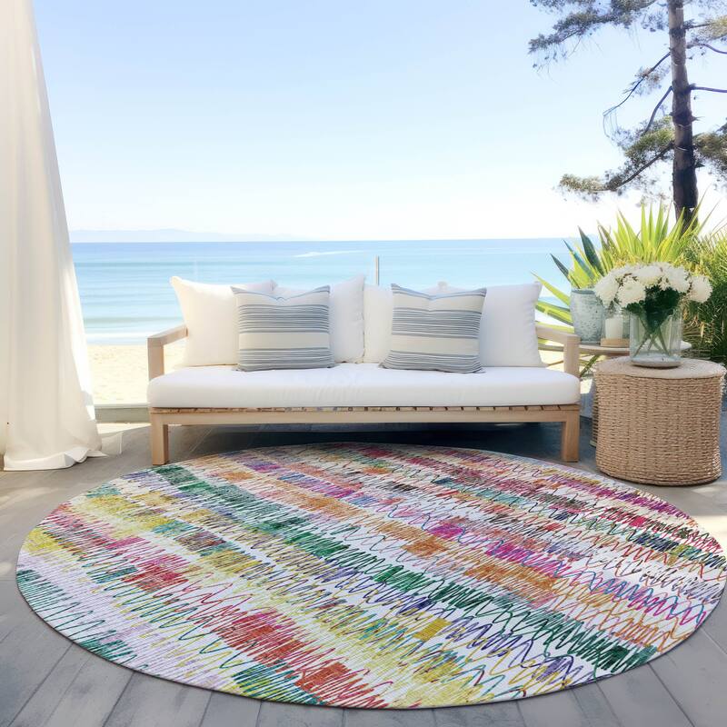 Machine Washable Indoor/ Outdoor Chantille Abstract Zig Zag Rug - Green - 8' x 8'