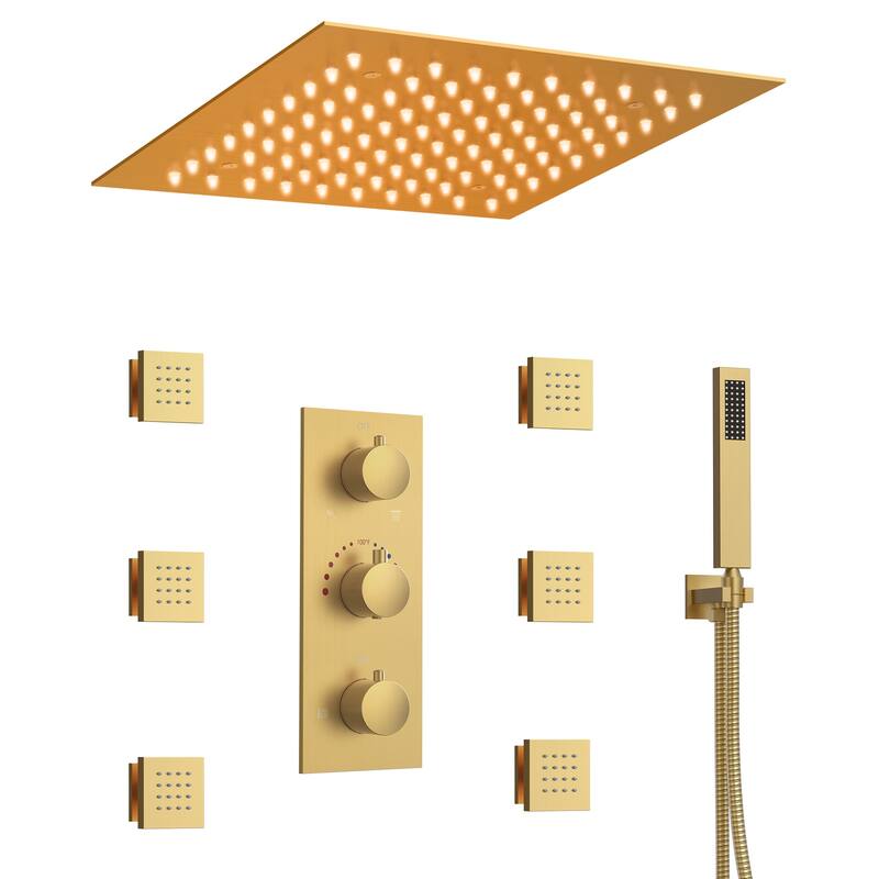 64-Color LED Mood Lighting Thermostatic Shower Faucet System with 12" Rain Shower Head , Body Jet and Handheld Spray