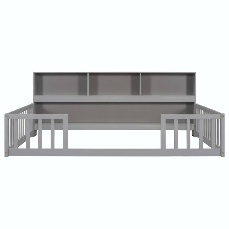 Full Floor Bed with Side Bookcase and Guardrails