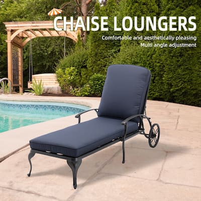 Aluminum Reclining Outdoor Chaise Lounge with Wheels and Cushions