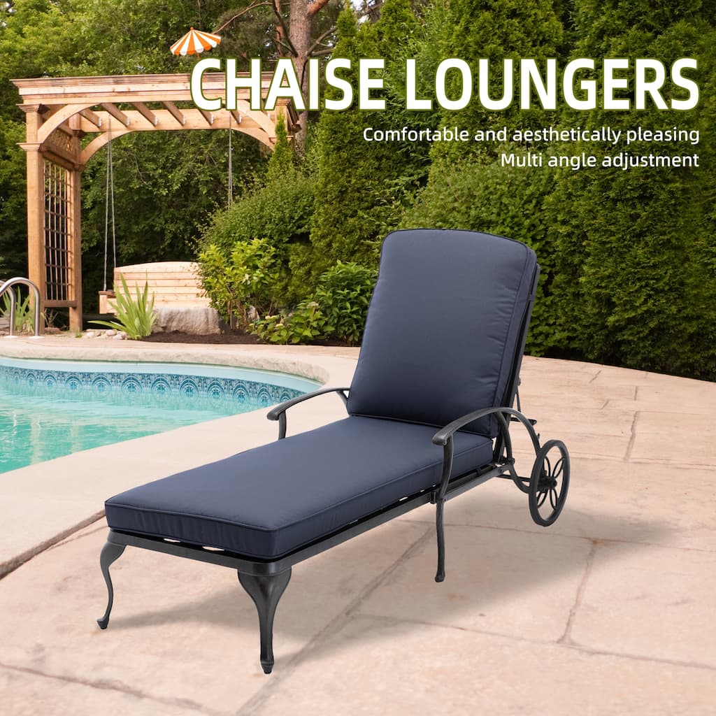 Aluminum Reclining Outdoor Chaise Lounge with Wheels and Cushions