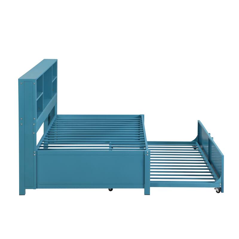 Blue Metal Twin Size Daybed with Trundle, Storage Shelves, and USB Ports, No Box Spring Needed